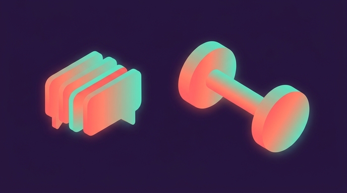 Abstract dumbbell shape beside a stack of repeating comment bubbles, representing repetitive fitness questions answered automatically