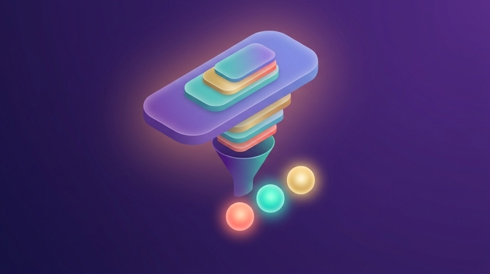 Abstract geometric shape of comment rectangles being filtered through a funnel into glowing insight orbs