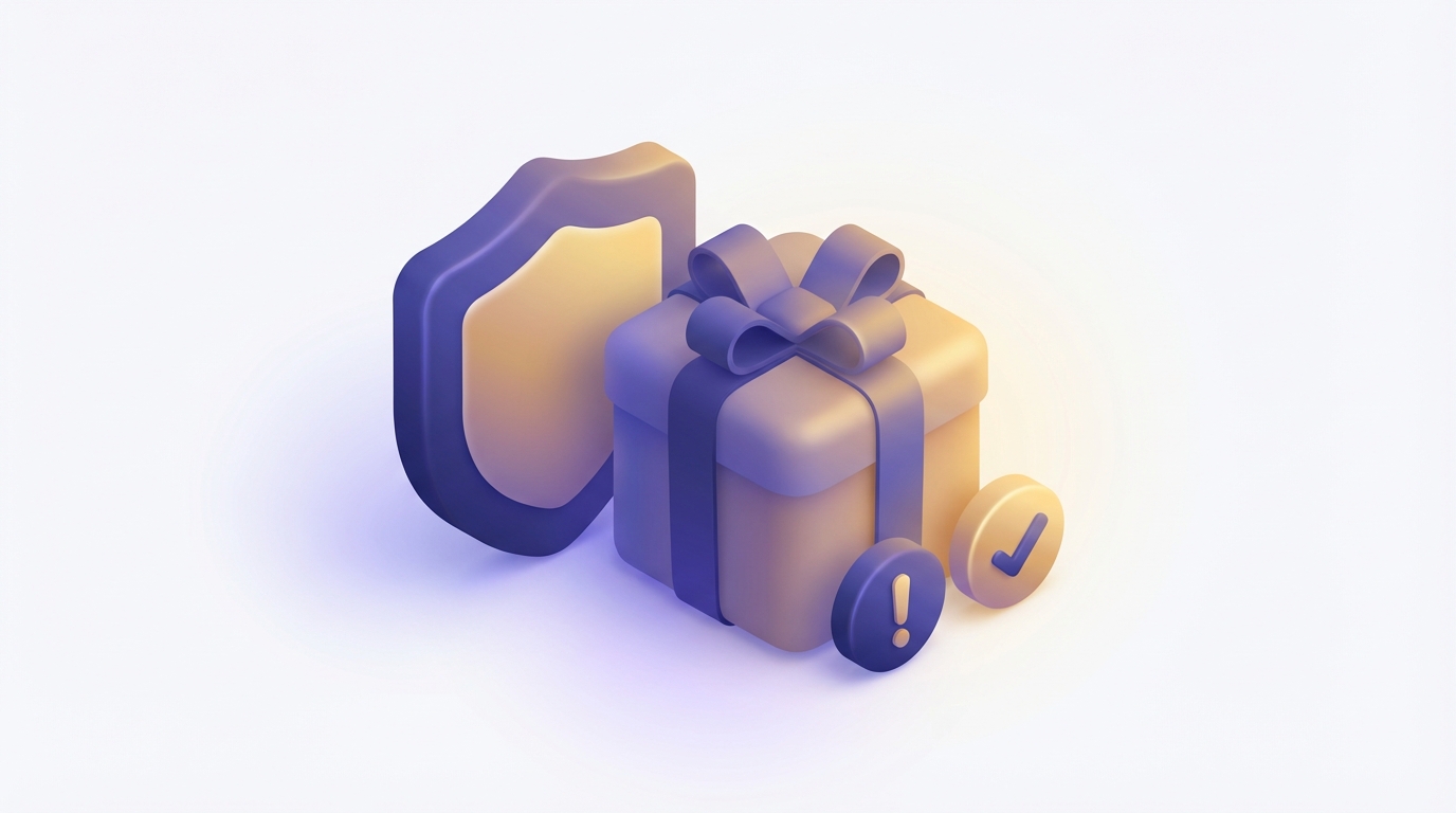 Isometric shield and gift icon representing YouTube giveaway fraud prevention