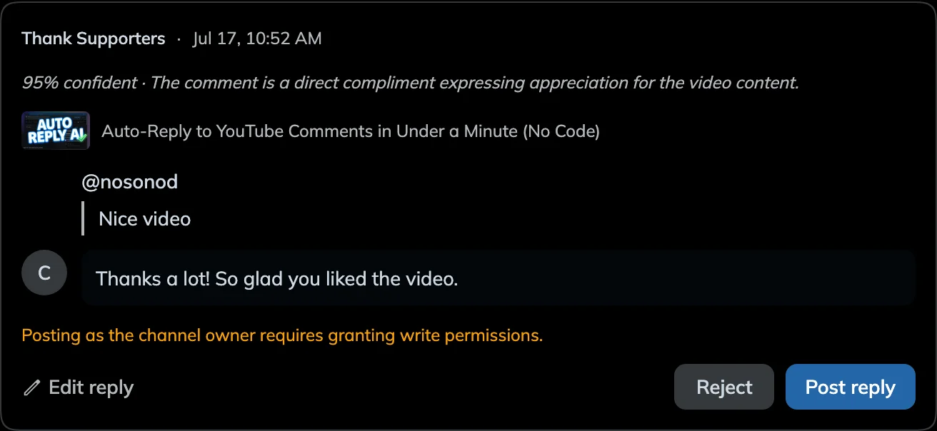 The pending approvals review modal showing a comment, a drafted reply, and approve and reject buttons