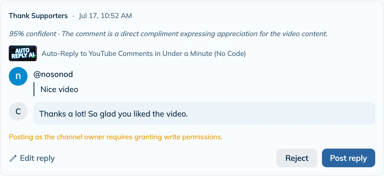 The pending approvals review modal showing a comment, a drafted reply, and approve and reject buttons