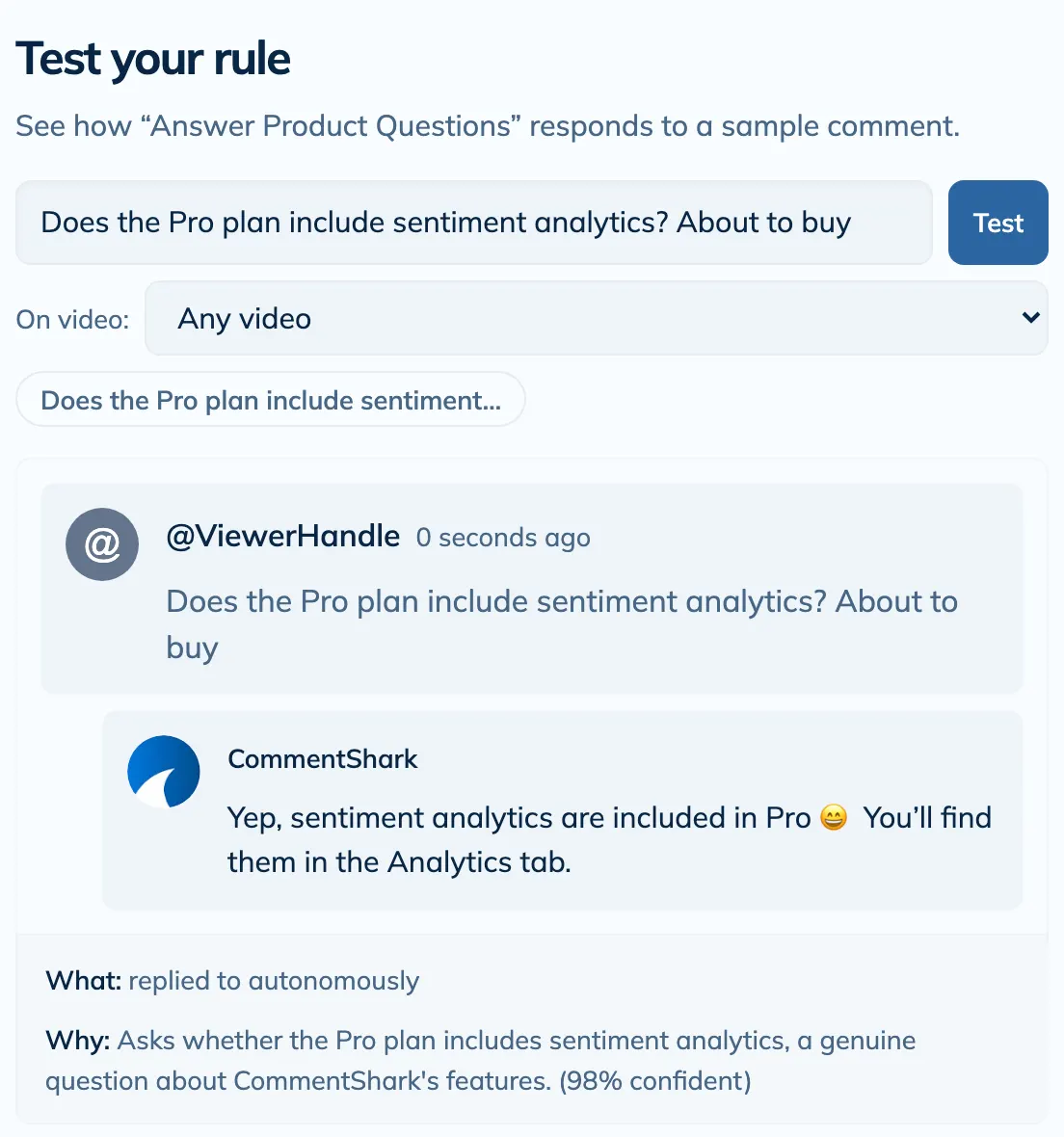 The rule tester showing a test comment, a match verdict, and the generated reply